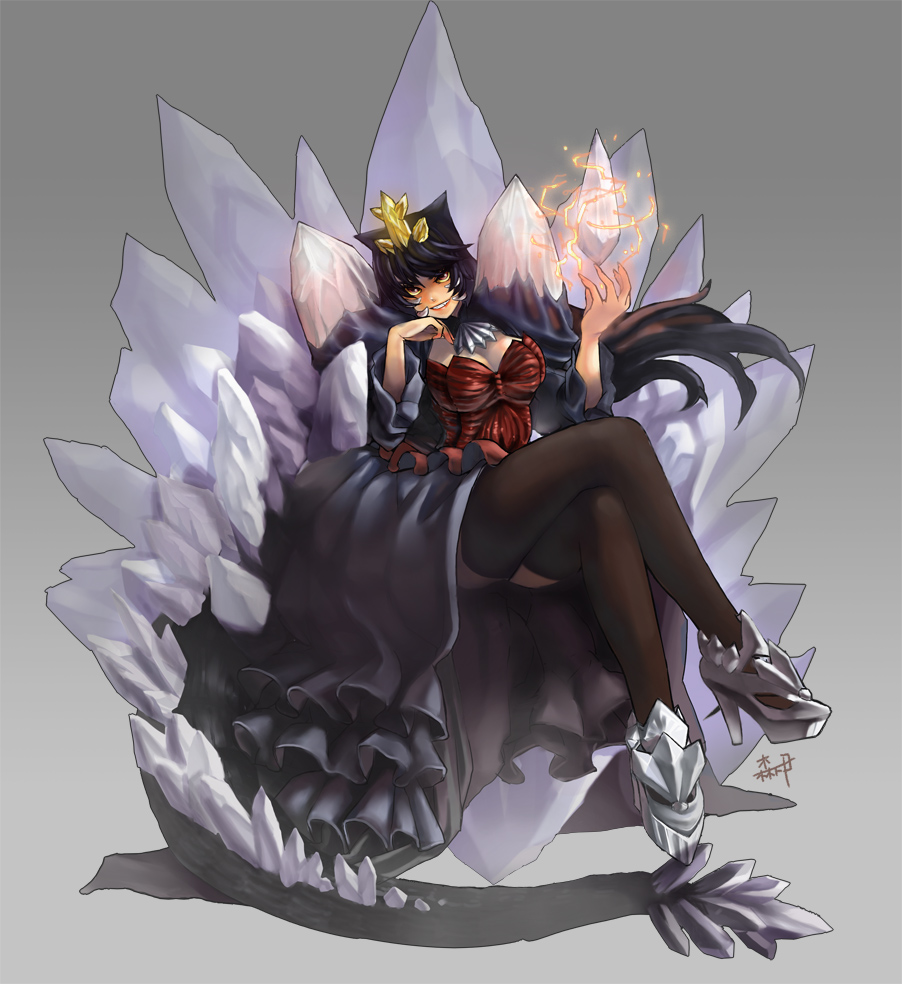 1girl bigfatycat black_hair black_thighhighs breasts cleavage crystal dress electricity energy floating floating_object godzilla_(series) godzilla_vs._spacegodzilla grey_background high_heels kaiju levitation long_hair monster monster_girl orange_electricity personification smile solo spacegodzilla tail thighhighs throne toho yellow_eyes