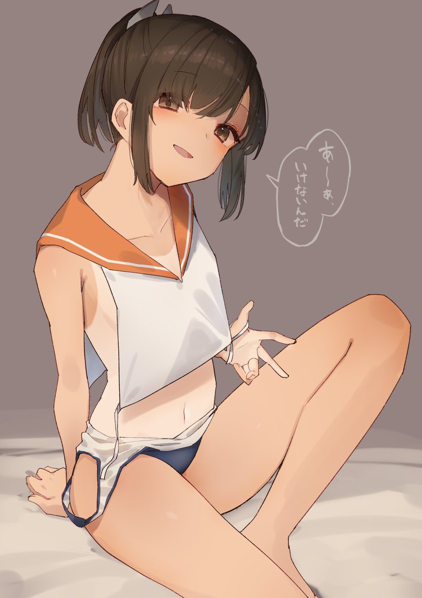 1girl bare_arms bare_legs bare_shoulders black_one-piece_swimsuit blush breasts brown_eyes brown_hair clothes_pull collarbone highres i-401_(kancolle) kantai_collection navel one-hour_drawing_challenge one-piece_swimsuit one-piece_swimsuit_pull open_mouth orange_sailor_collar ponytail sailor_collar sailor_shirt school_swimsuit shirt short_hair sleeveless sleeveless_shirt small_breasts smile solo speech_bubble swimsuit tan tanline translation_request white_shirt yamashichi_(mtseven)
