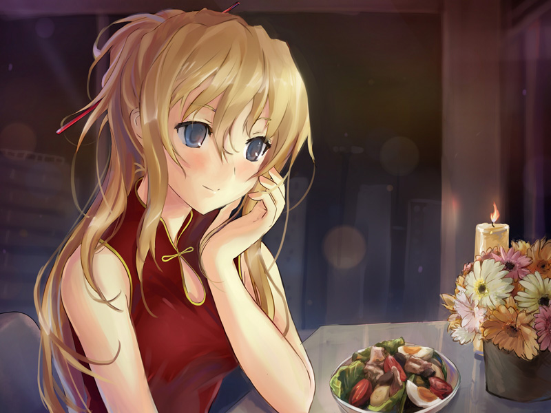 1girl blonde_hair blue_eyes blush building candle china_dress chinese_clothes closed_mouth dress eyelashes fire flower game_cg hair_ornament hairpin hand_on_own_face katawa_shoujo long_hair non-web_source official_alternate_costume official_art orange_flower pink_flower raide red_dress salad salad_bowl satou_lilly sleeveless sleeveless_dress smile solo table upper_body white_flower window