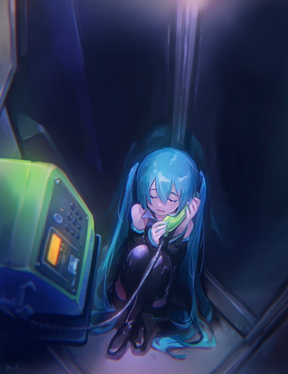 1girl blue_hair blue_nails closed_eyes collared_shirt crossed_ankles crying detached_sleeves dim_lighting from_above hatsune_miku highres knees_to_chest long_hair mi_no_take nail_polish payphone phone phone_booth shirt sitting skirt solo talking_on_phone thighhighs twintails very_long_hair vocaloid