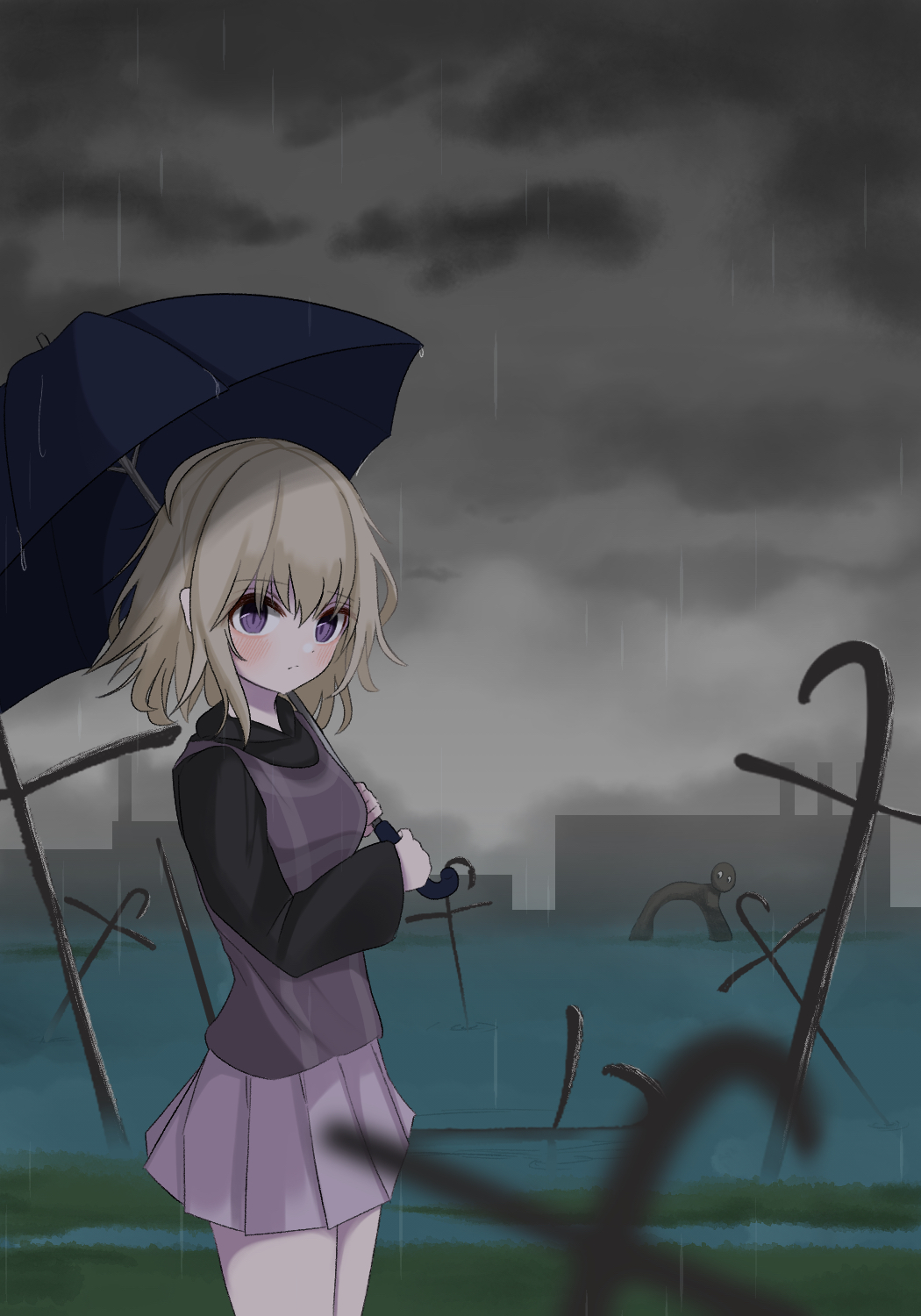1girl black_sweater blonde_hair blue_umbrella closed_mouth cloud cloudy_sky grey_skirt grey_sky highres holding holding_umbrella long_sleeves looking_at_viewer medium_hair mitarashi_dayo plaid_clothes plaid_sweater_vest plaid_vest purple_eyes purple_sweater_vest rain skirt sky slit_pupils solo surreal sweater sweater_vest umbrella urotsuki vest water wetland yume_2kki