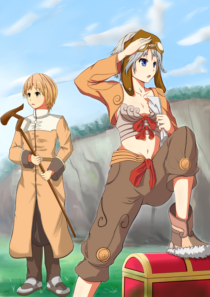 1boy 1girl acolyte_(ragnarok_online) blonde_hair blue_eyes blue_sky boots bow bow_bra bra breasts brown_coat brown_eyes brown_jacket brown_pants brown_shoes brown_shorts cassock cleavage coat commentary_request day full_body fur-trimmed_boots fur_trim goggles goggles_on_head grey_hair highres holding holding_staff jacket kurohachiboku long_sleeves looking_afar open_mouth outdoors pants ragnarok_online red_bow shoes short_hair shorts shrug_(clothing) sky small_breasts staff thief_(ragnarok_online) treasure_chest underwear white_bra