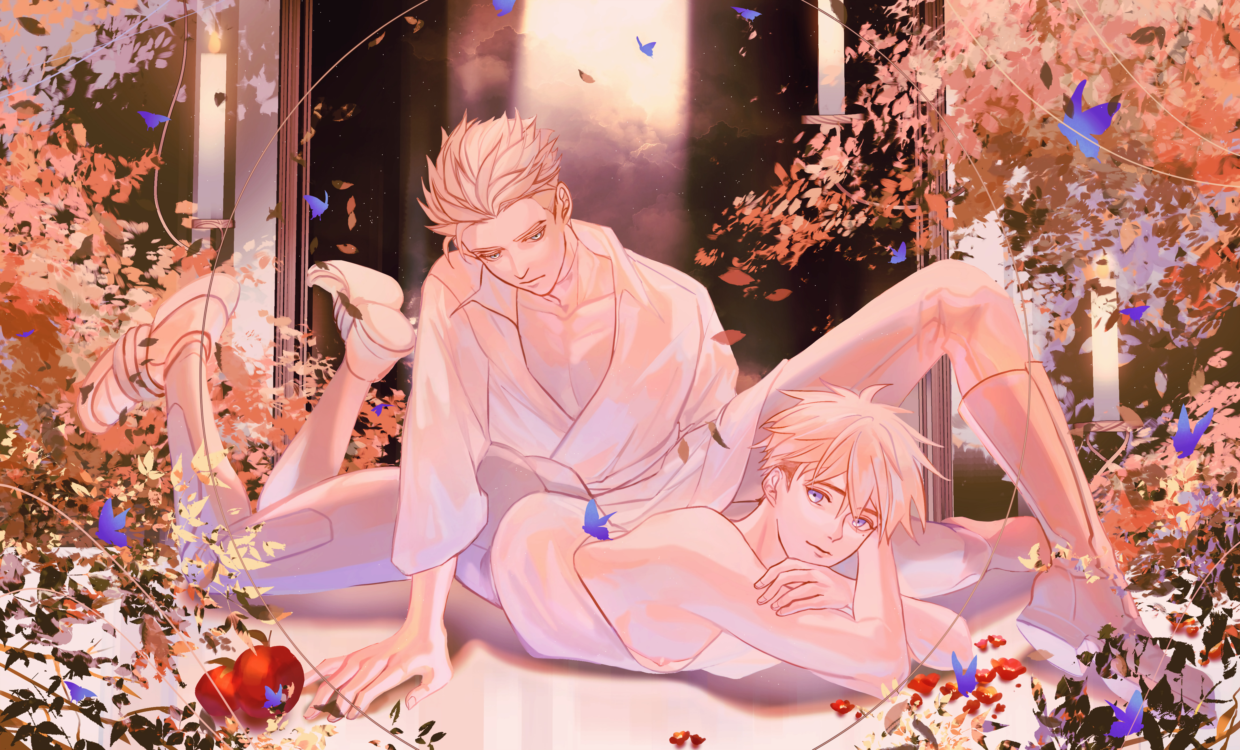 2boys absurdres apple blonde_hair blue_butterfly brothers bug butterfly camellia candle closed_mouth flower food fruit grey_eyes highres insect knee_up light_rays looking_at_viewer lying male_focus millions_knives multiple_boys nipples on_stomach outdoors pectoral_cleavage pectorals robe siblings sitting sunbeam sunlight trigun trigun_stampede vash_the_stampede white_robe yakikesen