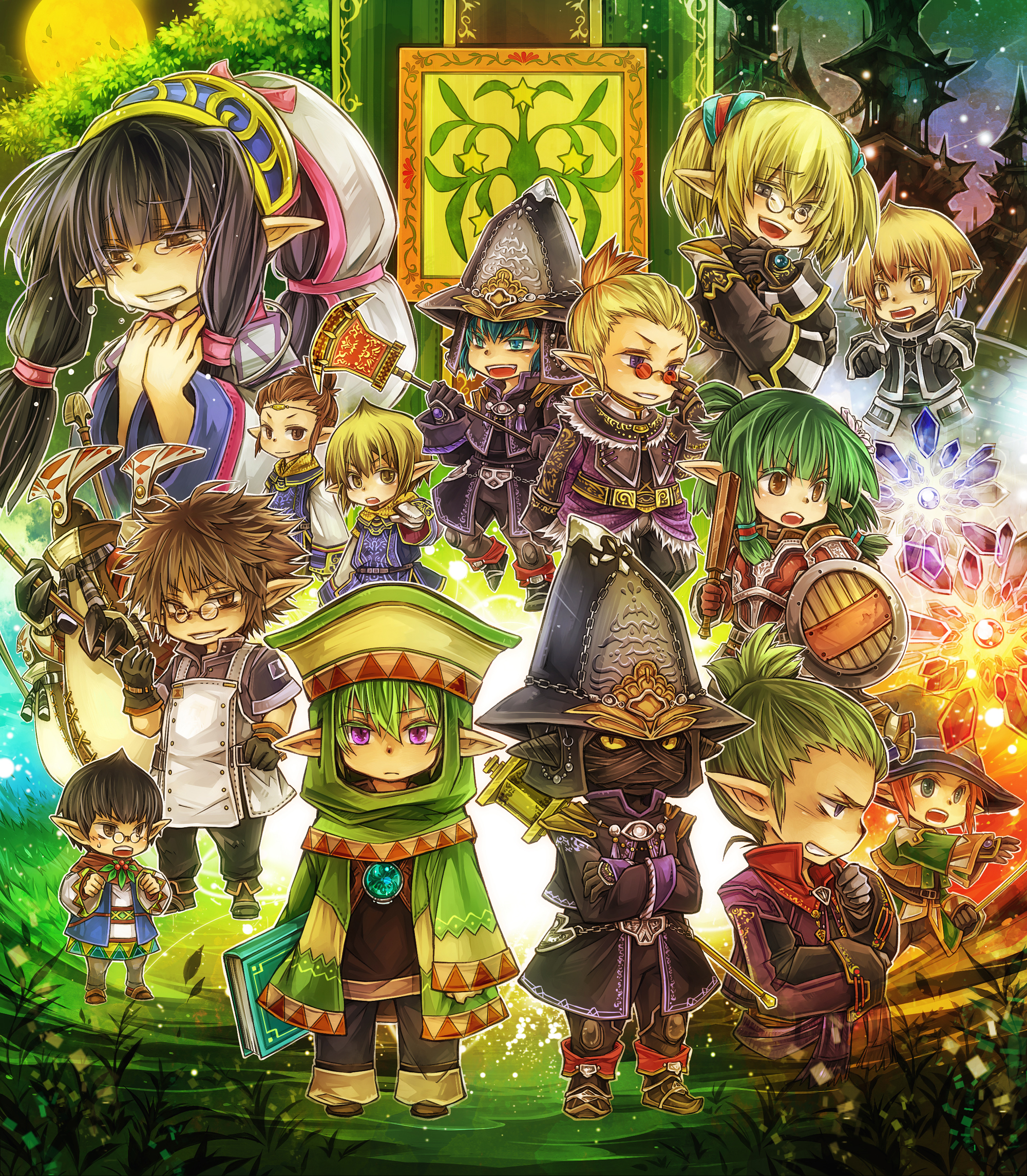 00s 4girls 6+boys ajido-marujido aqua_eyes aqua_hair black_hair blonde_hair book braid crying crystal everyone final_fantasy final_fantasy_xi fujiwara_akina full_moon glasses green_hair hat highres karaha-baruha long_hair moon multiple_boys multiple_girls pointy_ears purple_eyes red_eyes red_hair robel-akbel shantotto short_hair staff star_sybil tarutaru tears yellow_eyes zonpa-zippa