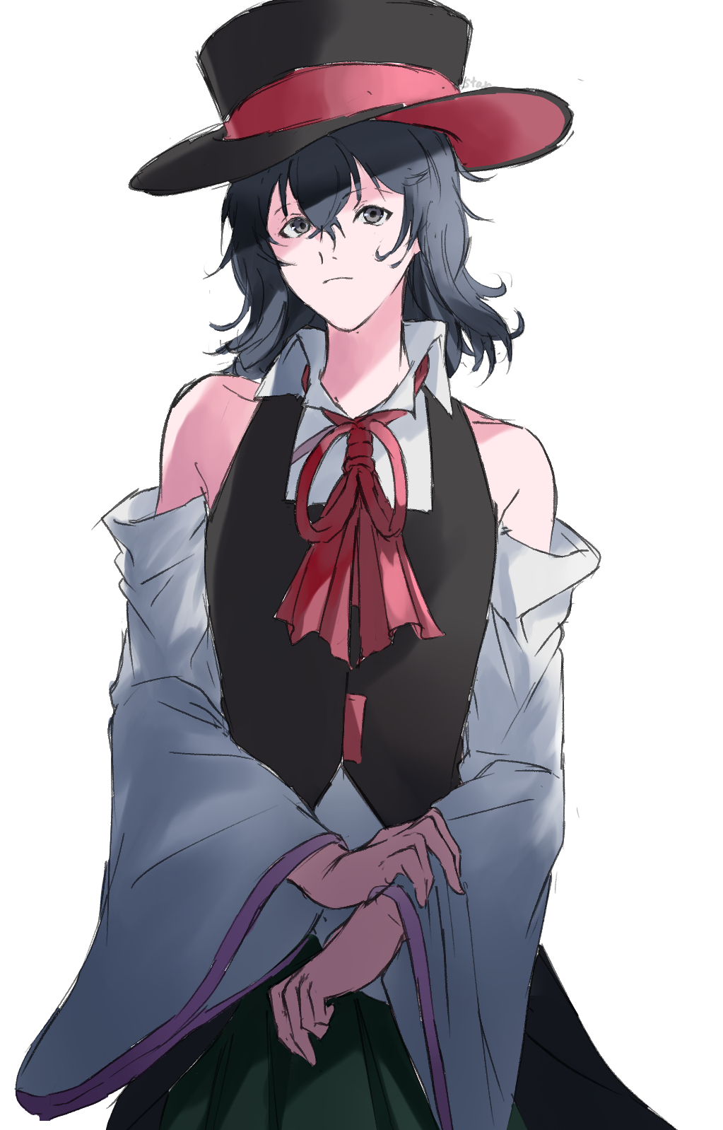 1other androgynous ascot bare_shoulders black_coat black_hair black_hat closed_mouth coat collared_shirt commentary_request cowboy_shot detached_sleeves enraku_tsubakura expressionless green_hakama grey_eyes hair_between_eyes hakama hakama_skirt hand_on_own_wrist hat highres japanese_clothes len&#039;en light_frown long_sleeves medium_hair neck_ribbon other_focus red_ascot red_hat red_ribbon ribbon ribbon-trimmed_coat ribbon_trim shirt simple_background skirt sleeveless sleeveless_coat sleeveless_shirt solo standing top_hat two-sided_fabric two-sided_headwear white_background white_shirt white_sleeves wide_sleeves yoni.