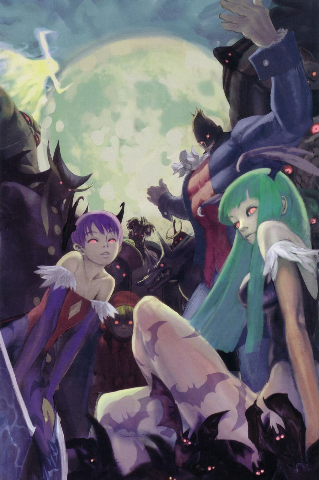 4girls 6+boys anakaris rikuo_(darkstalkers) bat_(animal) bishamon_(darkstalkers) brazil b.b._hood capcom creepy demitri_maximoff demon_girl felicia_(darkstalkers) jon_talbain glowing glowing_eyes highres ikeno_daigo jedah_dohma hsien-ko lilith_(darkstalkers) morrigan_aensland multiple_boys multiple_girls official_art pantyhose huitzil_(darkstalkers) pyron sasquatch_(darkstalkers) darkstalkers victor_von_gerdenheim