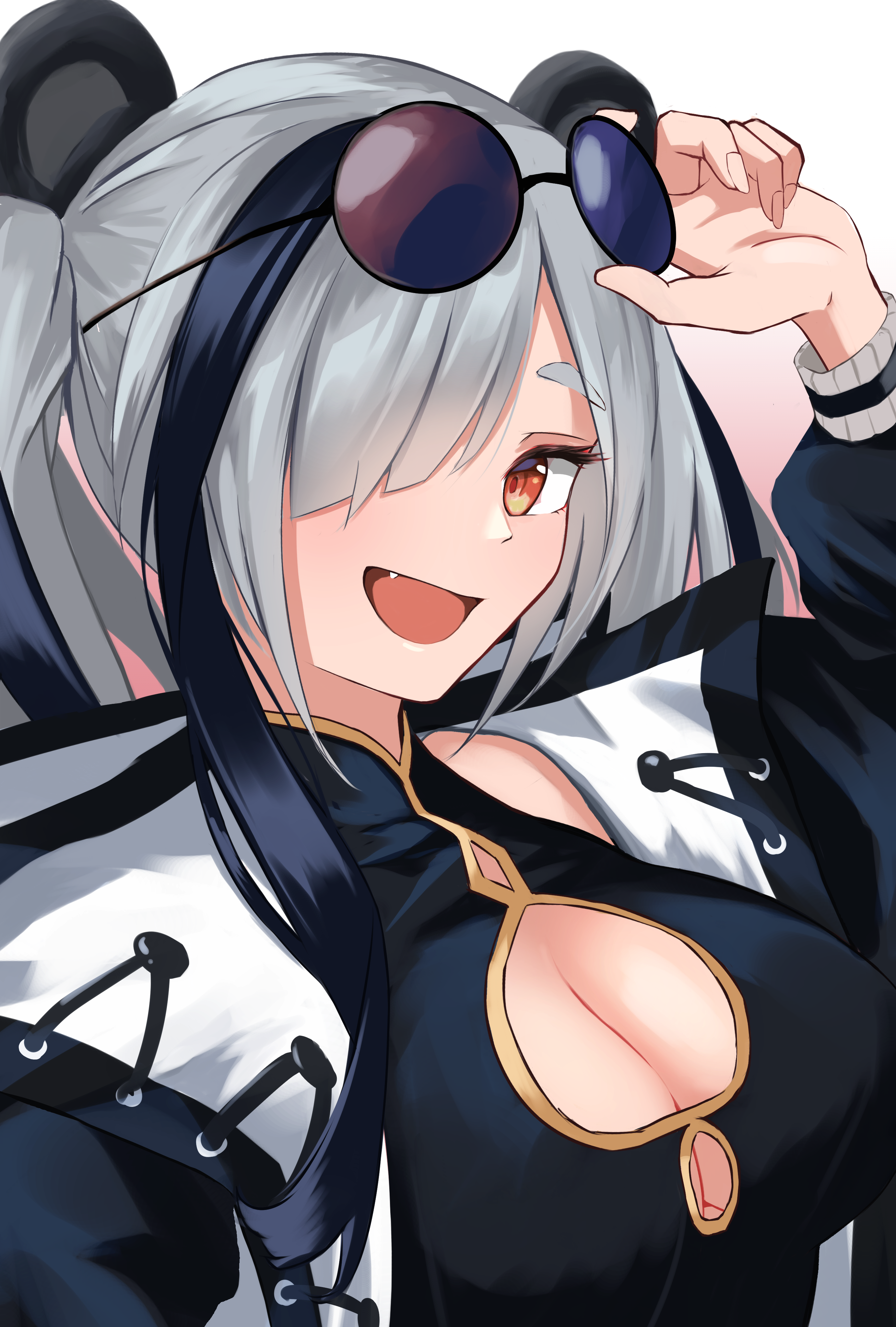 1girl absurdres animal_ears arknights black_hair black_jacket breasts brown_eyes cleavage cleavage_cutout clothing_cutout eyewear_on_head fang feater_(arknights) grey_hair hair_over_one_eye hand_up highres jacket large_breasts long_sleeves looking_at_viewer multicolored_hair nekomatamago open_clothes open_jacket open_mouth panda_ears panda_girl puffy_long_sleeves puffy_sleeves simple_background smile solo two-tone_hair upper_body white_background