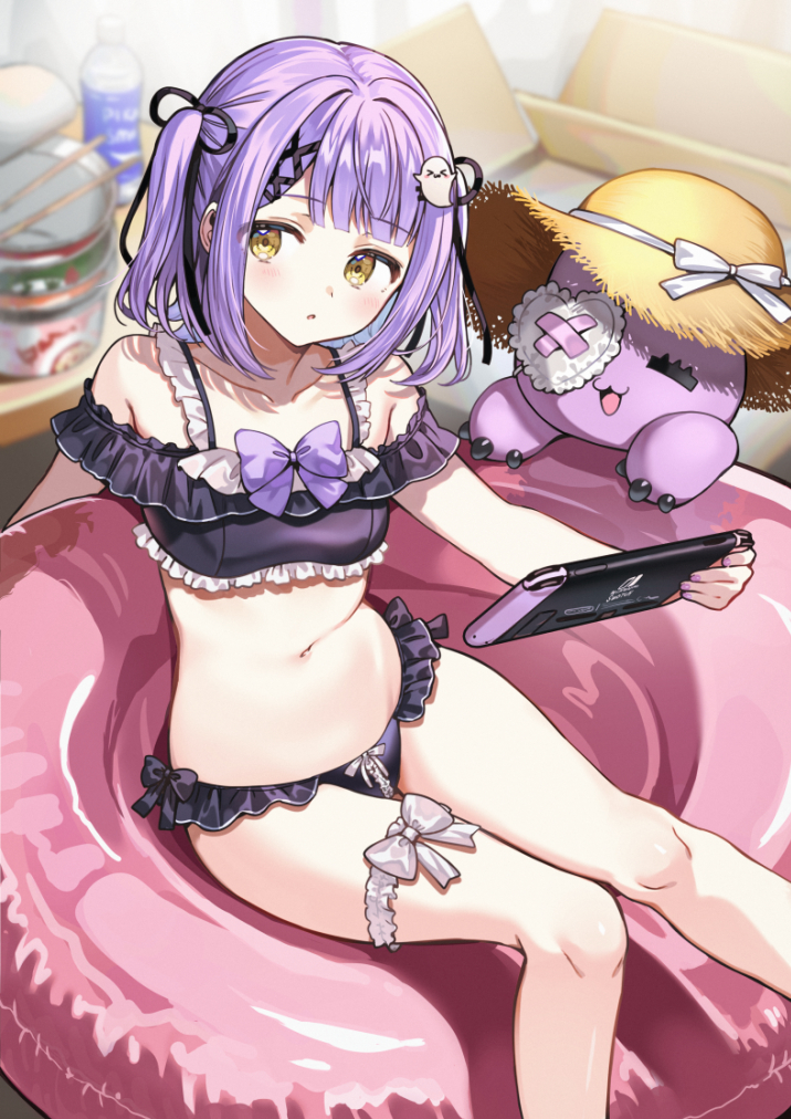 &gt;_&lt; 1girl :3 :o bikini black_bikini black_ribbon blunt_bangs blush bow bow_bikini commentary_request cropped_legs cup_ramen eyepatch frilled_bikini frills ghost_hair_ornament green_eyes hair_intakes hair_ornament hair_ribbon handheld_game_console hat heart heart_eyepatch holding holding_handheld_game_console knees_together_feet_apart looking_to_the_side navel nintendo_switch nishizawa off-shoulder_bikini off_shoulder pink_innertube plastic_bottle purple_bow purple_hair ribbon shinomiya_runa shinomiya_runa_(summer_c102) sitting sitting_on_object solo stomach stuffed_animal stuffed_cat stuffed_toy sun_hat swimsuit thigh_bow thigh_strap two_side_up virtual_youtuber vspo! x_hair_ornament