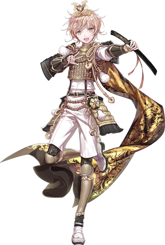 10s 1boy :d armor black_pantyhose blonde_hair cape crown full_body izumi_(nagashi) japanese_armor kiwame_(touken_ranbu) kote male_focus monoyoshi_sadamune official_art open_mouth pantyhose pantyhose_under_shorts print_pantyhose sheath sheathed shin_guards shorts shoulder_armor smile sode solo standing standing_on_one_leg sword touken_ranbu transparent_background wakizashi weapon yellow_eyes