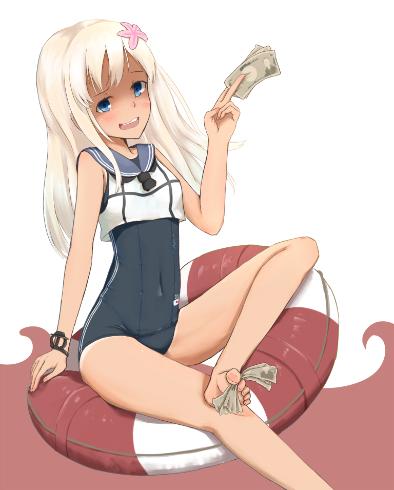 10s 1girl arm_at_side arm_support arm_up bad_id bad_pixiv_id barefoot between_toes blonde_hair blue_eyes blush covered_navel crop_top feet female_focus flower hair_flower hair_ornament holding_with_feet kantai_collection kurotora lifebuoy long_hair looking_at_viewer money nail_polish one-piece_swimsuit open_mouth pink_flower pink_nails ro-500_(kancolle) sailor_collar school_swimsuit sitting solo swim_ring swimsuit swimsuit_under_clothes tan tanline toenail_polish toenails toes yen