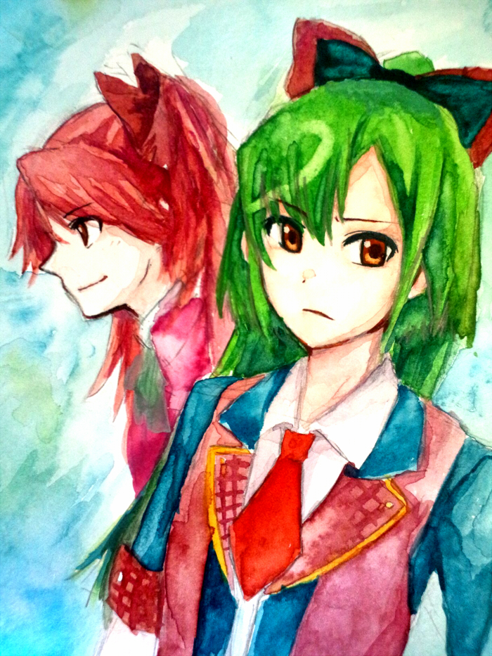 10s 2girls akb0048 brown_eyes green_hair hair_ornament hair_ribbon jikasei long_hair multiple_girls necktie orange_eyes painting_(medium) ponytail red_eyes red_hair ribbon shinonome_kanata smile takahashi_minami_(akb0048) traditional_media watercolor_(medium)
