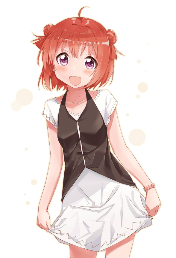1girl :d ahoge akaza_akari casual collarbone double_bun female_focus hair_bun hair_intakes looking_at_viewer open_mouth purple_eyes red_hair shikou_sakugo_(qqap9gt9k) shikousakugo smile solo yuruyuri