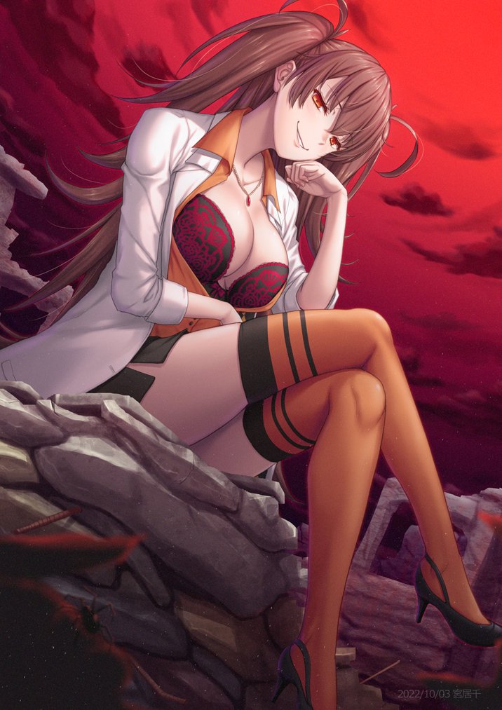 1girl 1other black_skirt bra brown_hair bug dr._arach high_heels jewelry lab_coat miyai_sen necklace orange_eyes orange_shirt orange_thighhighs red_sky shirt skirt sky spider thighhighs thighs tsukihime tsukihime_(remake) twintails underwear