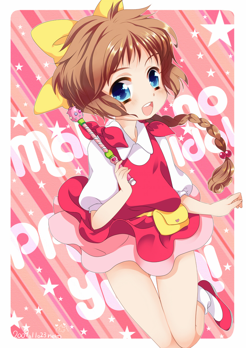 1girl blue_eyes bow braid brown_hair copyright_name female_focus hair_bobbles hair_bow hair_ornament hanazono_yumi highres long_hair magical_girl mahou_no_idol_pastel_yumi neko_(natsuiroclassic) pastel_yumi pink_background shoes skirt smile solo thigh_gap thighs wand