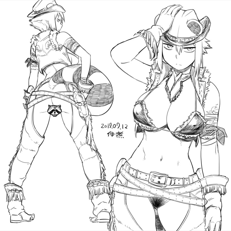 1girl animal_ears araiguma-san bandaged_arm bandages bandana belt belt_buckle bikini bikini_top_only boots breasts buckle censored chaps commentary cowboy_hat cowboy_western cropped_vest dated ears_through_headwear female_pubic_hair fringe_trim gloves greyscale gun gunbelt hand_on_headwear hands_on_own_hips hat holster large_breasts legs_apart light_frown looking_at_viewer looking_back monochrome multiple_views navel no_panties novelty_censor open_clothes open_vest original pubic_hair raccoon raccoon_ears raccoon_tail short_hair sidelocks signature sketch swimsuit tail tsukudani_(coke-buta) vest weapon