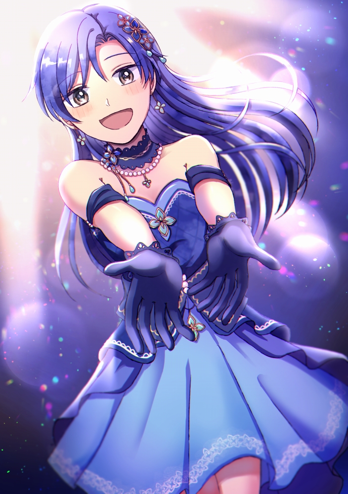 1girl :d blue_gloves blue_hair blue_skirt blush breasts brown_eyes choker cleavage cowboy_shot earrings female_focus floating_hair gloves hair_ornament hairpin idolmaster idolmaster_(classic) jewelry kisaragi_chihaya kisaragi_chihaya_(brilliant_diva) lens_flare long_hair looking_at_viewer medium_skirt nanase_(nns_6077) open_mouth outstretched_arms print_skirt skirt sleeveless small_breasts smile solo standing strapless very_long_hair