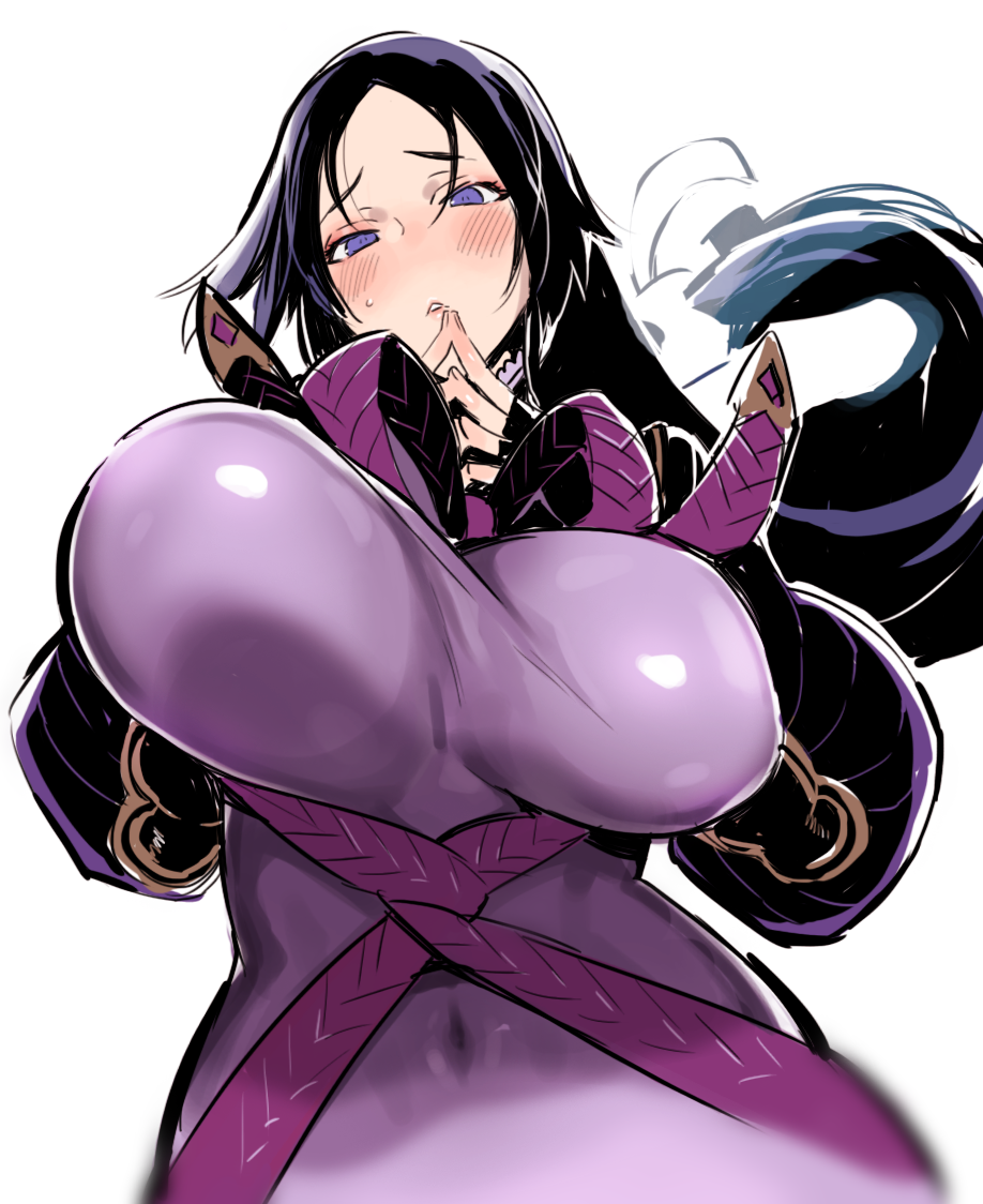 1girl bad_id bad_pixiv_id blush bodysuit bouncing_breasts breasts covered_navel fate_(series) female_focus huge_breasts long_hair minamoto_no_raikou_(fate) nito_(siccarol) purple_eyes purple_hair simple_background solo white_background
