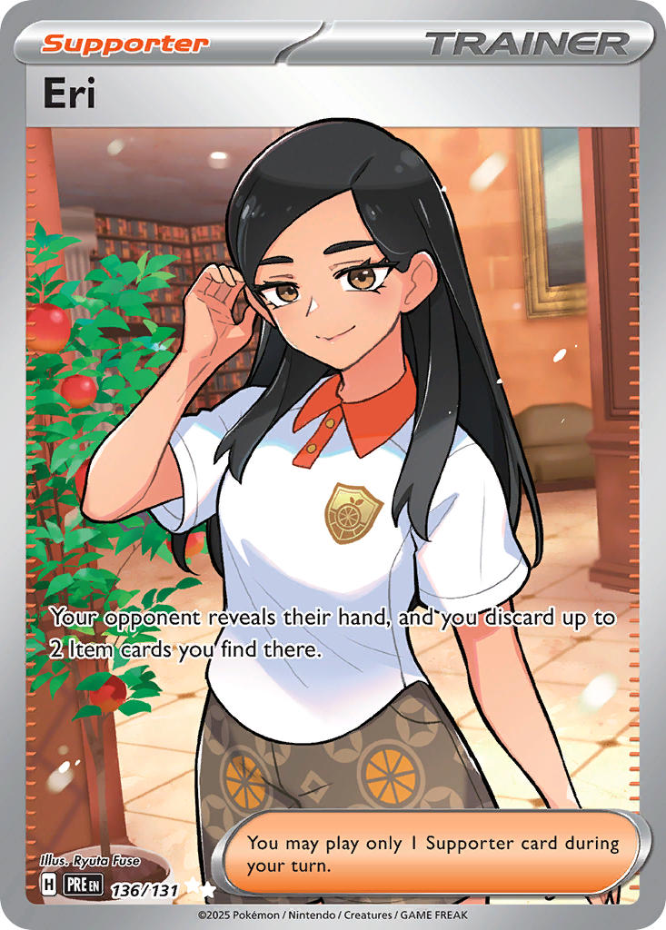1girl apple artist_name black_hair bookshelf brown_eyes brown_shorts buttons card_(medium) character_name closed_mouth collar company_name copyright_name copyright_notice english_text eri_(pokemon) eyelashes food fruit fuse_ryuuta indoors long_hair naranja_academy_school_uniform nintendo official_alternate_costume official_alternate_hair_color official_alternate_hairstyle official_art orange_collar plant pokemon pokemon_card pokemon_sv pokemon_tcg potted_plant school_uniform shirt short_sleeves shorts smile solo team_star third-party_source tile_floor tiles trading_card white_shirt