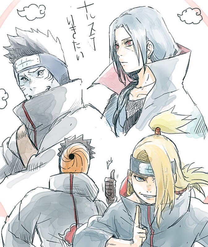 4boys akatsuki_(naruto) akatsuki_uniform black_gloves black_hair blonde_hair blue_eyes deidara_(naruto) gloves hoshigaki_kisame long_hair looking_at_viewer male_focus mask meitarou multiple_boys naruto_(series) naruto_shippuuden red_eyes sharingan smirk thumbs_up tobi_(naruto) uchiha_itachi uchiha_obito