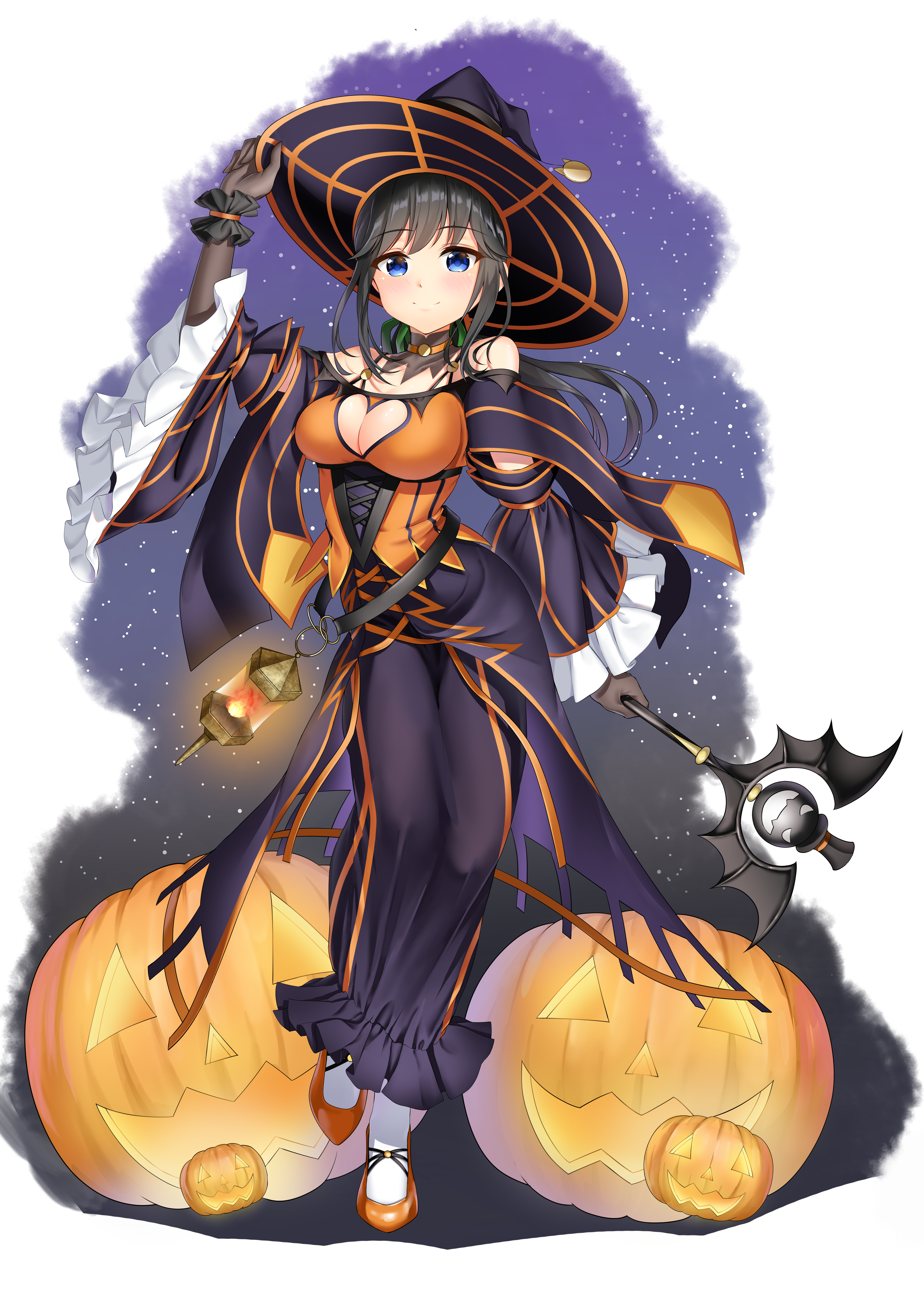 1girl absurdres black_dress black_gloves black_hair black_hat black_wrist_cuffs blue_eyes blush breasts cleavage closed_mouth clothing_cutout commentary_request cross-laced_clothes detached_collar detached_sleeves dress fire frilled_sleeves frilled_wrist_cuffs frills full_body gloves glowing halloween hat heart_cutout highres holding holding_wand jack-o'-lantern lantern orange_shoes original panties rissenka shoes smile solo striped_sleeves underwear wand white_panties witch witch_hat wrist_cuffs