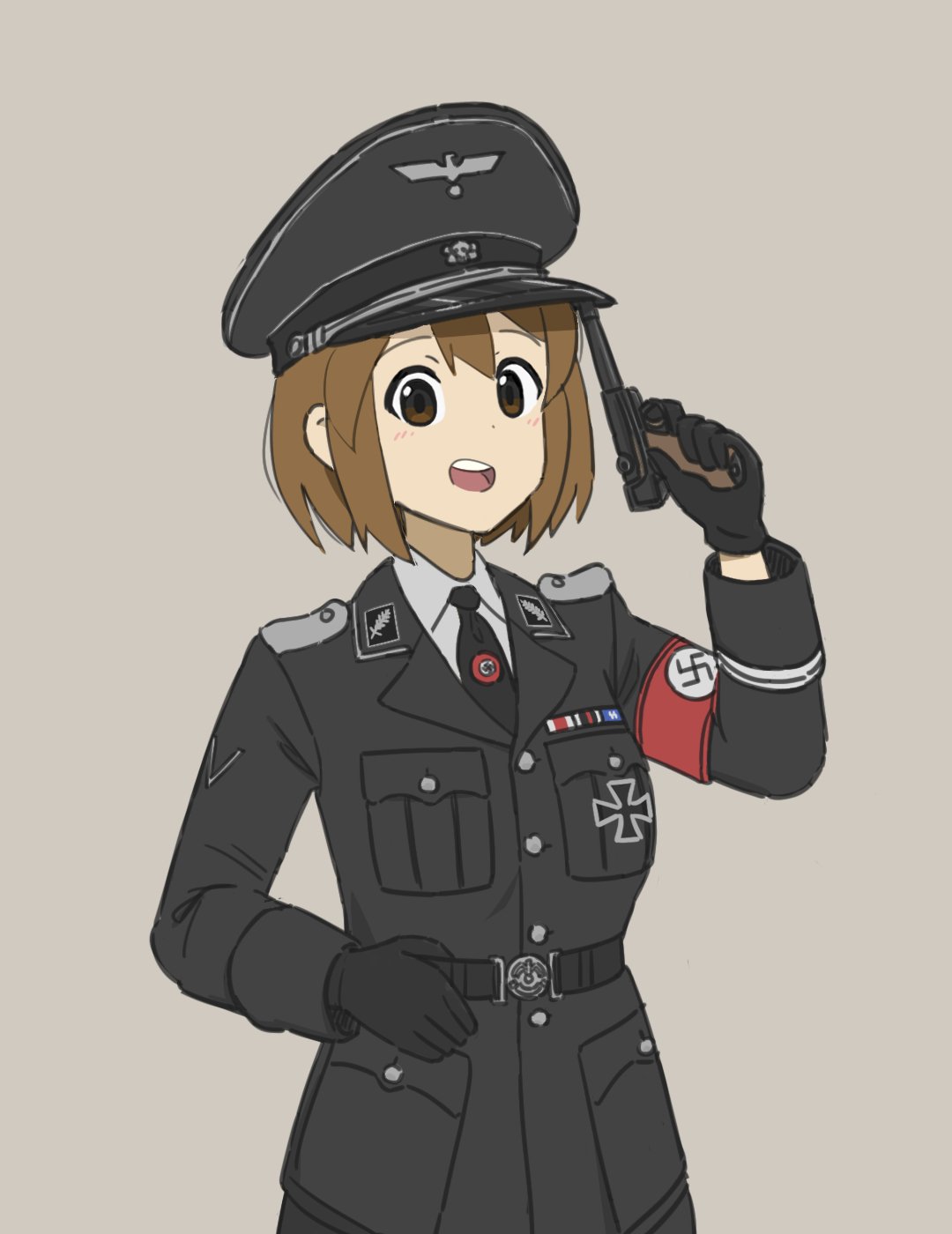 1girl armband black_cat03 black_gloves black_jacket black_necktie brown_eyes brown_hair collar_tabs gloves gun highres hirasawa_yui jacket k-on! looking_at_viewer military_dress_uniform military_uniform nazi nazi_party_pin necktie open_mouth shirt short_hair simple_background smile solo ss_insignia ss_uniform swastika totenkopf waffen-ss weapon