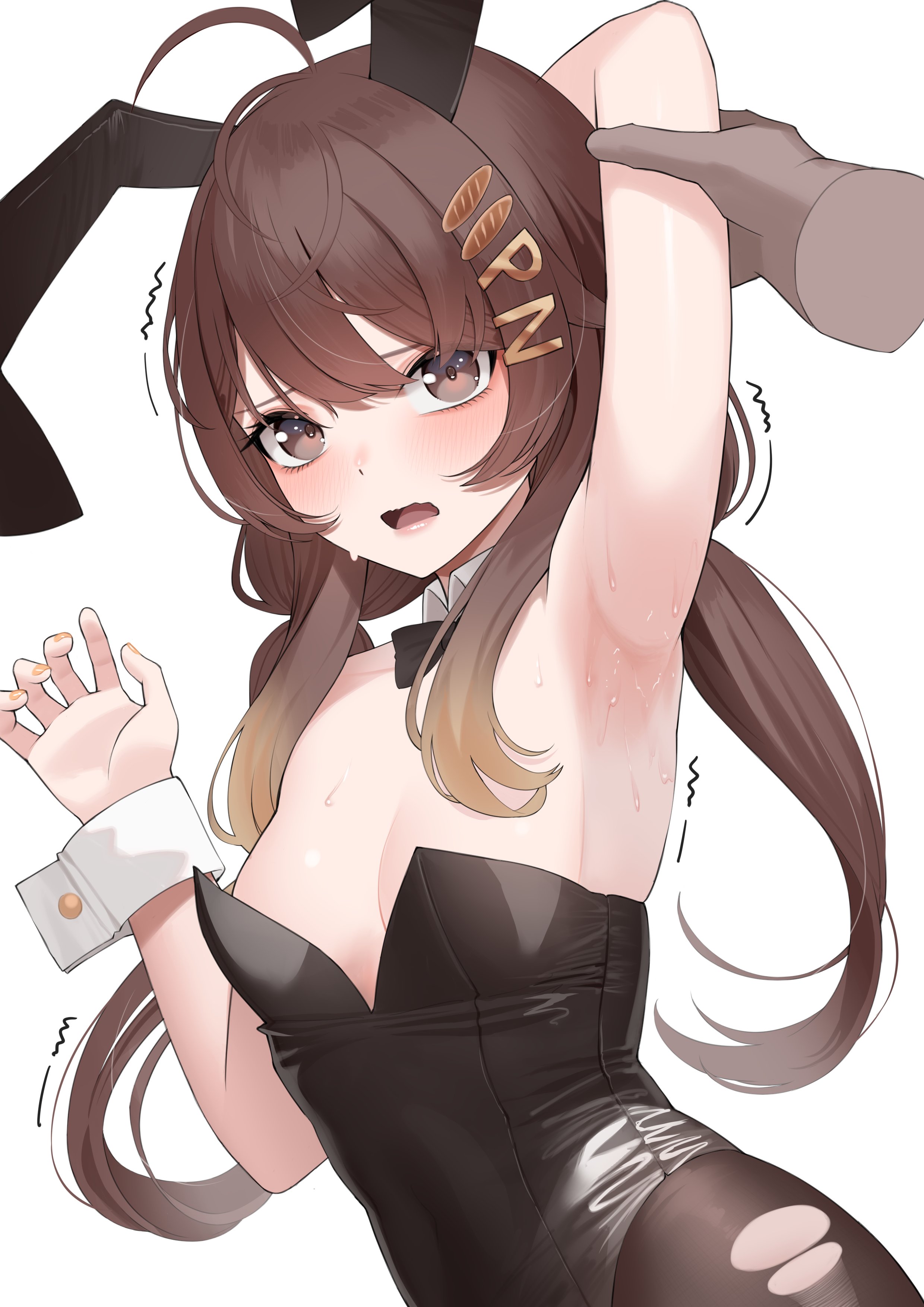 1girl absurdres animal_ears arm_up armpits black_pantyhose bread_hair_ornament brown_eyes brown_hair detached_collar food-themed_hair_ornament hair_ornament hairclip highres holding_another's_arm indie_virtual_youtuber leotard low_twintails pan_the_bread pantyhose playboy_bunny rabbit_ears shaking sweat sweatdrop torn_clothes torn_pantyhose twintails vaughnilla virtual_youtuber wrist_cuffs