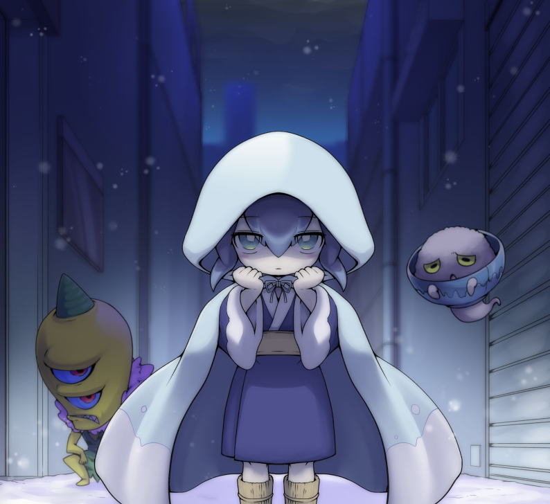 1girl 2boys alley amanojaku_(youkai_watch) angry blue_hair bowl child cold demon_boy food frown hood hoodie multiple_boys night night_sky no_humans nollety oni outdoors rice_bowl sky snow urayameshi youkai_watch youkai_watch_2 yukionna_(youkai_watch)