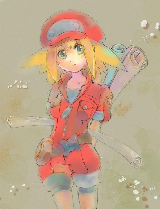 1girl bike_shorts blonde_hair breasts newsboy_cap commentary_request dinef female_focus gloves green_eyes hat jacket long_hair looking_at_viewer mega_man_(series) mega_man_legends_(series) mega_man_legends_3 pouch red_jacket roll_caskett_(mega_man) smile solo