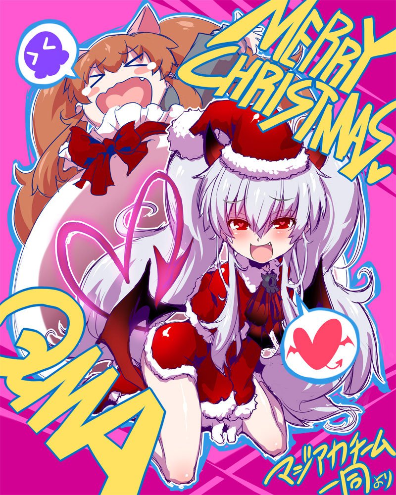 &gt;_&lt; 2girls aloe_(quiz_magic_academy) brown_hair commentary_request demon_girl demon_horns demon_wings dress dual_persona fang grim_aloe hat heart heart-shaped_pupils horns in_container in_sack long_hair looking_at_viewer low_wings merry_christmas multiple_girls official_art open_mouth qma_staff quiz_magic_academy red_eyes sack santa_costume santa_dress santa_hat smile spoken_heart symbol-shaped_pupils white_hair wings
