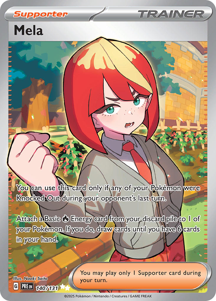 1girl ahoge artist_name blonde_hair card_(medium) character_name clenched_hand collared_shirt company_name copyright_name copyright_notice english_text eyelashes garden grass green_eyes grey_jacket hand_up jacket long_sleeves mela_(pokemon) multicolored_hair naranja_academy_school_uniform necktie nintendo official_alternate_costume official_alternate_hairstyle official_art open_mouth orange_necktie outdoors pokemon pokemon_card pokemon_sv pokemon_tcg red_hair saitou_naoki school_uniform shirt short_hair solo team_star teeth third-party_source trading_card tree two-tone_hair white_shirt zipper
