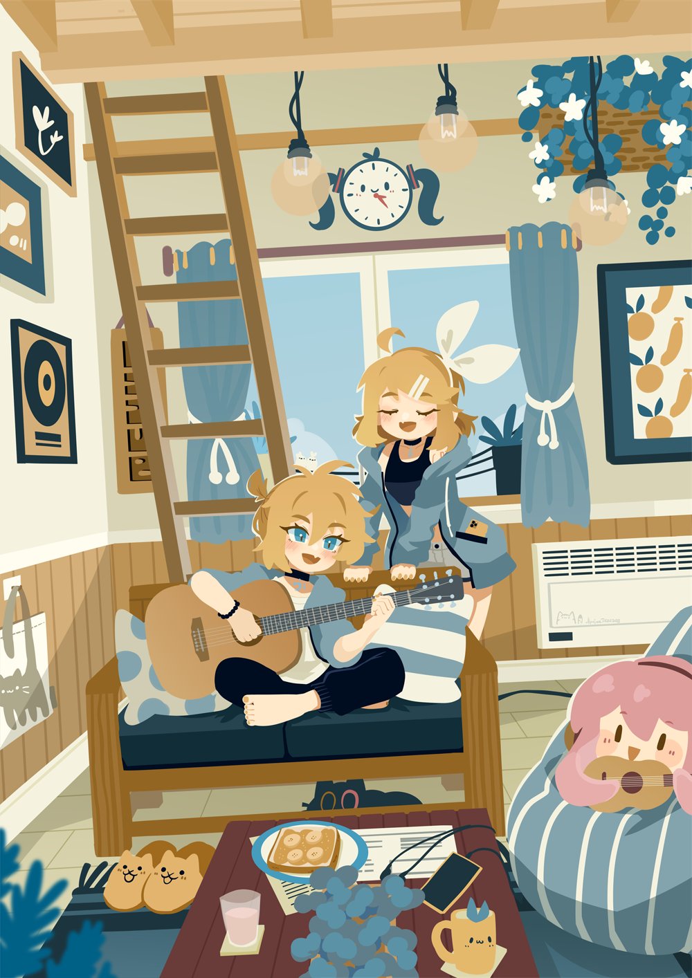 1boy 1girl air_conditioner barefoot black_cat black_pants black_tank_top blonde_hair blue_eyes blue_jacket brother_and_sister cat chair clock closed_eyes commentary cup drawing_(object) flower food glass grey_shorts guitar hair_ornament hairband hairclip hanging_flower highres holding holding_guitar holding_instrument indian_style indoors instrument jacket kagamine_len kagamine_rin light_bulb megurine_luka messy_hair mug music open_clothes open_jacket open_mouth pants phone picture_frame plate playing_instrument projecttiger sandwich shirt shorts siblings sitting stairs standing stuffed_toy symbol-only_commentary table tank_top vocaloid wall_clock white_hairband white_shirt window window_shadow