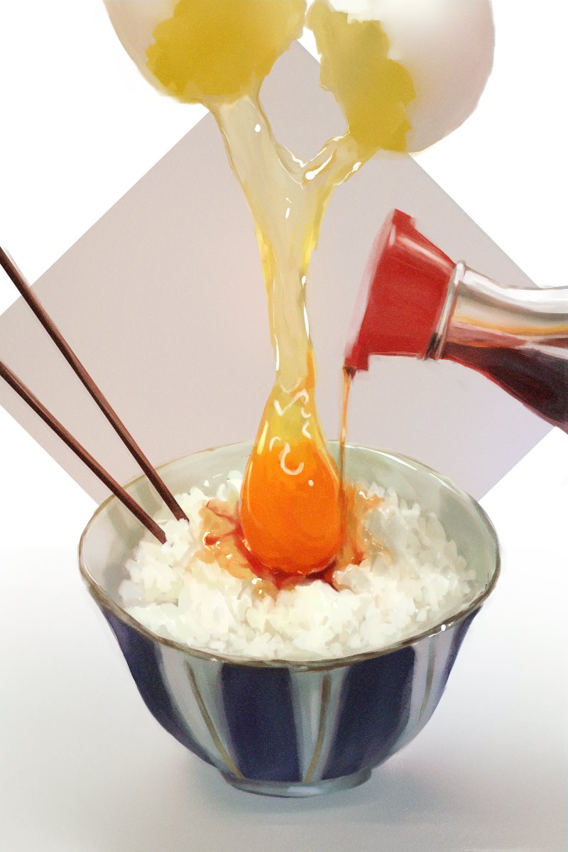 bowl chopsticks commentary egg film_grain food food_focus highres no_humans original realistic rice shizui_fen soy_sauce tamagokake_gohan