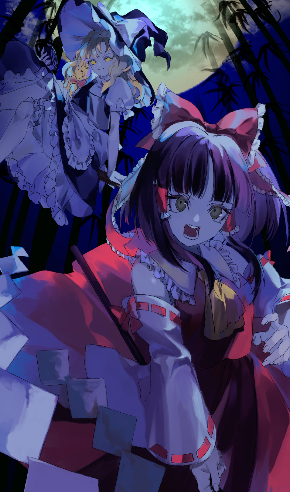 2girls ama_asagi apron ascot bamboo black_hair black_headwear black_skirt black_vest blonde_hair blunt_bangs bow broom broom_riding closed_mouth commentary detached_sleeves fingernails frilled_bow frilled_hair_tubes frilled_skirt frills full_moon gohei hair_bow hair_tubes hakurei_reimu hat hat_bow highres holding kirisame_marisa looking_at_viewer medium_hair moon multiple_girls night open_mouth puffy_short_sleeves puffy_sleeves red_bow red_skirt red_vest ribbon-trimmed_sleeves ribbon_trim shirt short_sleeves sidelocks skirt skirt_set smile teeth touhou vest waist_apron white_apron white_bow white_shirt white_sleeves wide_sleeves witch_hat yellow_ascot yellow_eyes
