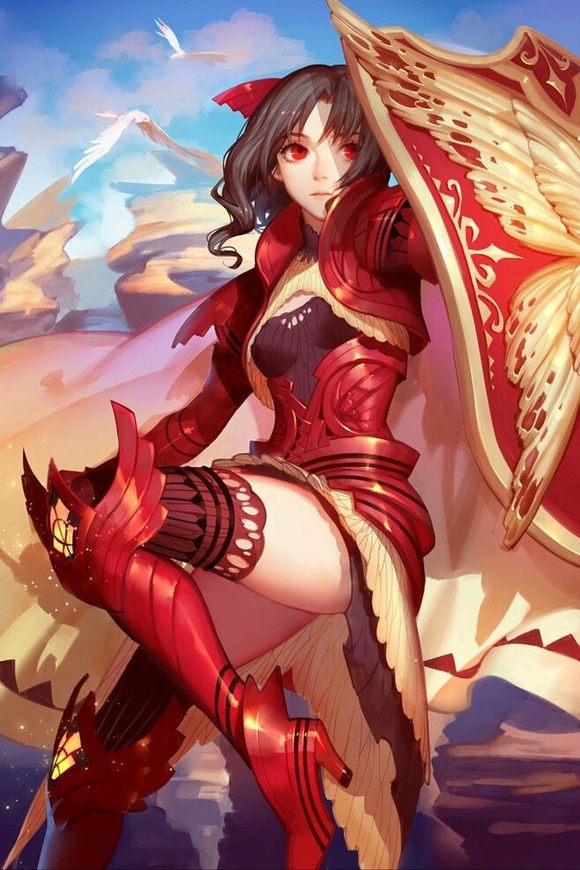 1girl armor ask_(askzy) bird black_hair boots closed_mouth dress high_heels kneehighs long_hair mountain original red_eyes shield shoulder_armor socks white_bird yellow_dress