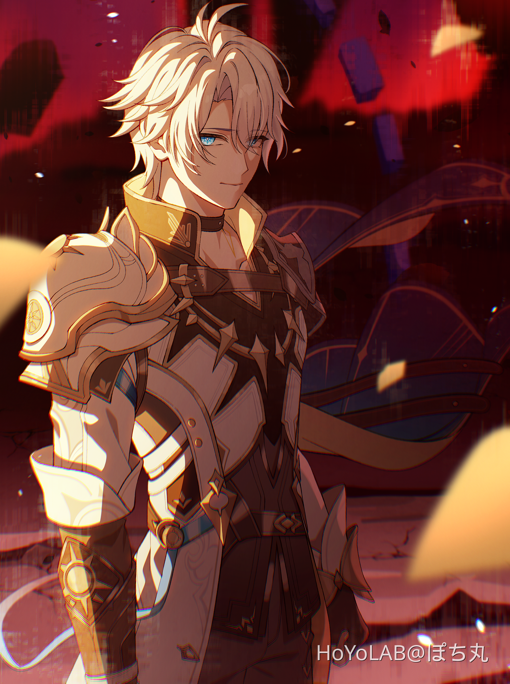 1boy absurdres antenna_hair armor black_choker black_gloves black_shirt blue_cape blue_eyes cape choker coat commentary_request cowboy_shot fingerless_gloves gloves highres honkai:_star_rail honkai_(series) looking_at_viewer male_focus parted_bangs pauldrons phainon_(honkai:_star_rail) pochimaru_(marumaru_wanwan) shirt short_hair shoulder_armor single_pauldron solo white_coat white_hair
