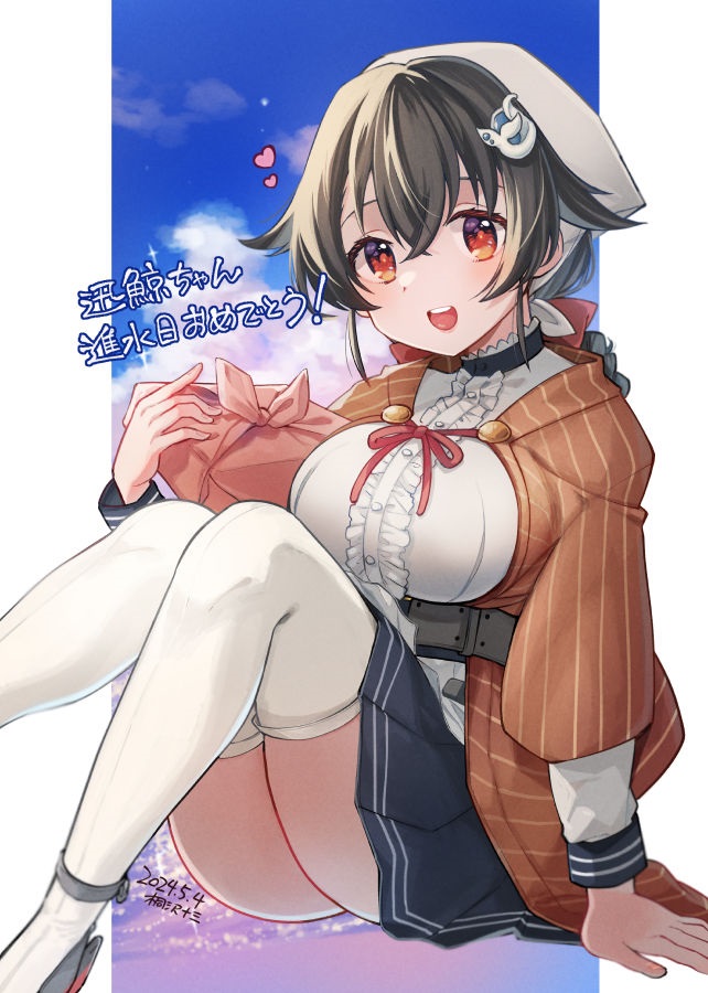 1girl alternate_costume bandana bento black_hair black_skirt blue_sky braid braided_ponytail breasts brown_shawl cloud dated frilled_shirt frills hair_flaps hair_ornament jingei_(kancolle) kantai_collection kirisawa_juuzou large_breasts long_hair looking_at_viewer low_ponytail pleated_skirt ponytail red_eyes shawl shirt sitting skirt sky solo thighhighs twitter_username whale_hair_ornament white_thighhighs