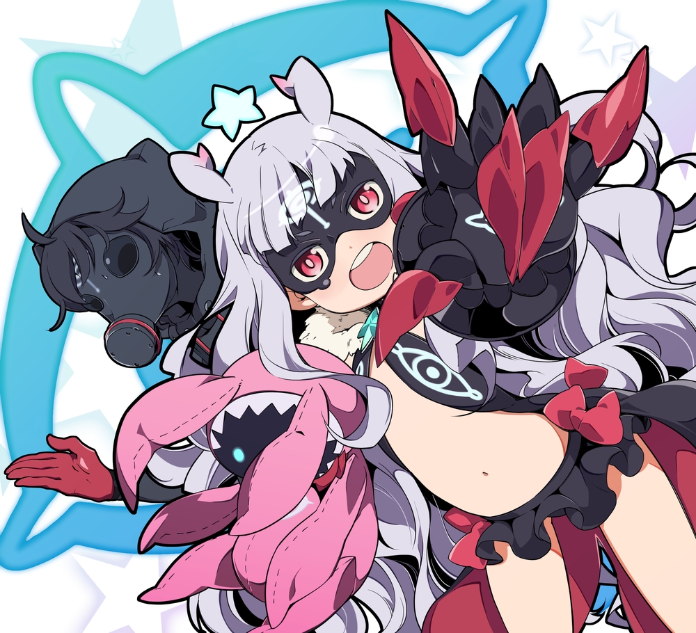 10s 1boy 1girl antenna_hair bare_shoulders black_hair blunt_bangs domino_mask dva fur_trim galaktika gas_mask gauntlets gloves hoshimiya_kate jimon_asuta long_hair long_sleeves lowleg lowleg_skirt mask midriff navel nyuusankin open_mouth red_eyes salute sekai_seifuku:_bouryaku_no_zvezda silver_hair skirt star_(symbol) stuffed_animal stuffed_toy teeth venera-sama very_long_hair