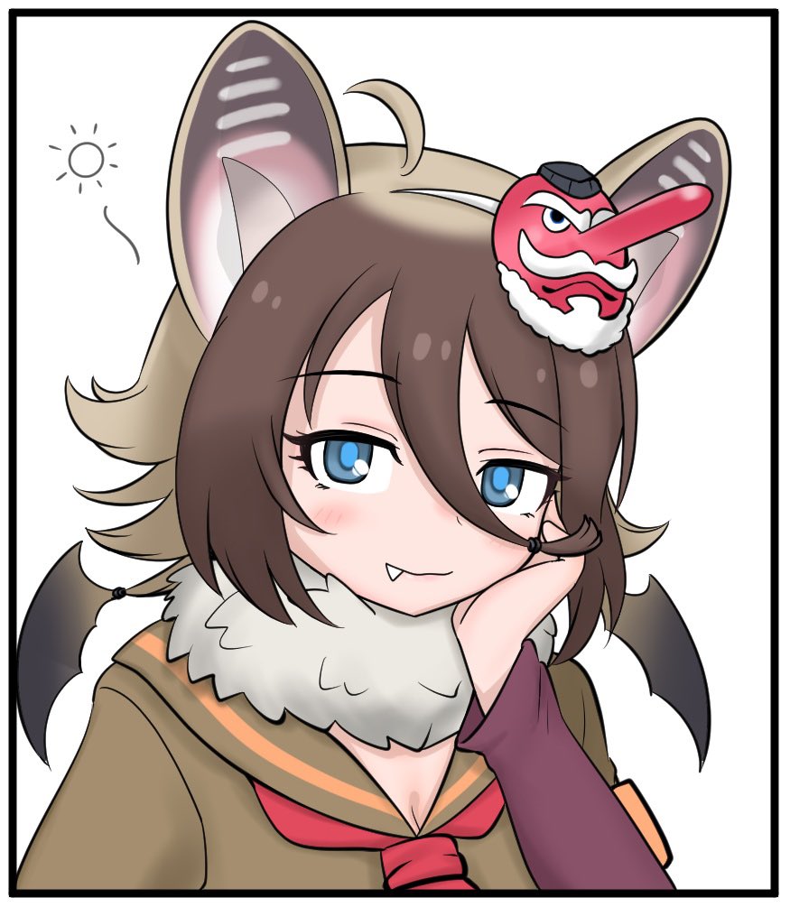 1girl animal_ears bat_ears bat_girl bat_wings blonde_hair blue_eyes blush brown_hair fang fur_collar green_shirt hair_between_eyes head_on_hand hilgendorf&#039;s_tube-nose_bat_(kemono_friends) kemono_friends long_sleeves looking_at_viewer mask mask_on_head multicolored_hair neckerchief purple_sleeves red_neckerchief sailor_collar school_uniform serafuku shirt short_hair sidelocks smile solo suiuusuiu tengu_mask white_fur wings