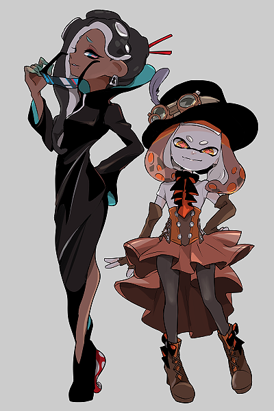 2girls ascot black_ascot black_dress black_hair black_hat black_pantyhose blue_eyes boots brown_boots brown_corset brown_hair brown_skirt brown_sleeves cephalopod_eyes closed_mouth colored_extremities commentary_request corset cross-shaped_pupils dark-skinned_female dark_skin detached_sleeves dress earrings full_body furrowed_brow goggles goggles_on_headwear grey_background grin hair_ornament hair_stick hand_on_own_hip hat holding holding_removed_eyewear horizontal_pupils imaikuy0 inkling jewelry lace-up_boots long_hair long_sleeves looking_at_viewer marina_(splatoon) medium_hair mismatched_eyebrows mole mole_under_mouth multiple_girls nintendo octoling official_alternate_costume pantyhose parted_bangs pearl_(splatoon) pink_pupils shirt side_slit skirt smile splatoon_(series) splatoon_2 standing symbol-shaped_pupils tentacle_hair top_hat unworn_eyewear white_shirt wide_sleeves yellow_eyes