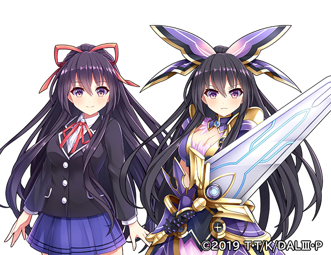 1girl armor armored_dress black_jacket blazer blue_skirt bow breasts cleavage collared_shirt date_a_live detached_collar dress edamame_senpai jacket long_hair looking_at_viewer medium_breasts official_art ponytail purple_eyes purple_hair raizen_high_school_uniform red_ribbon ribbon school_uniform shirt shoulder_armor skirt smile sword upper_body v-shaped_eyebrows vivid_army weapon yatogami_tohka