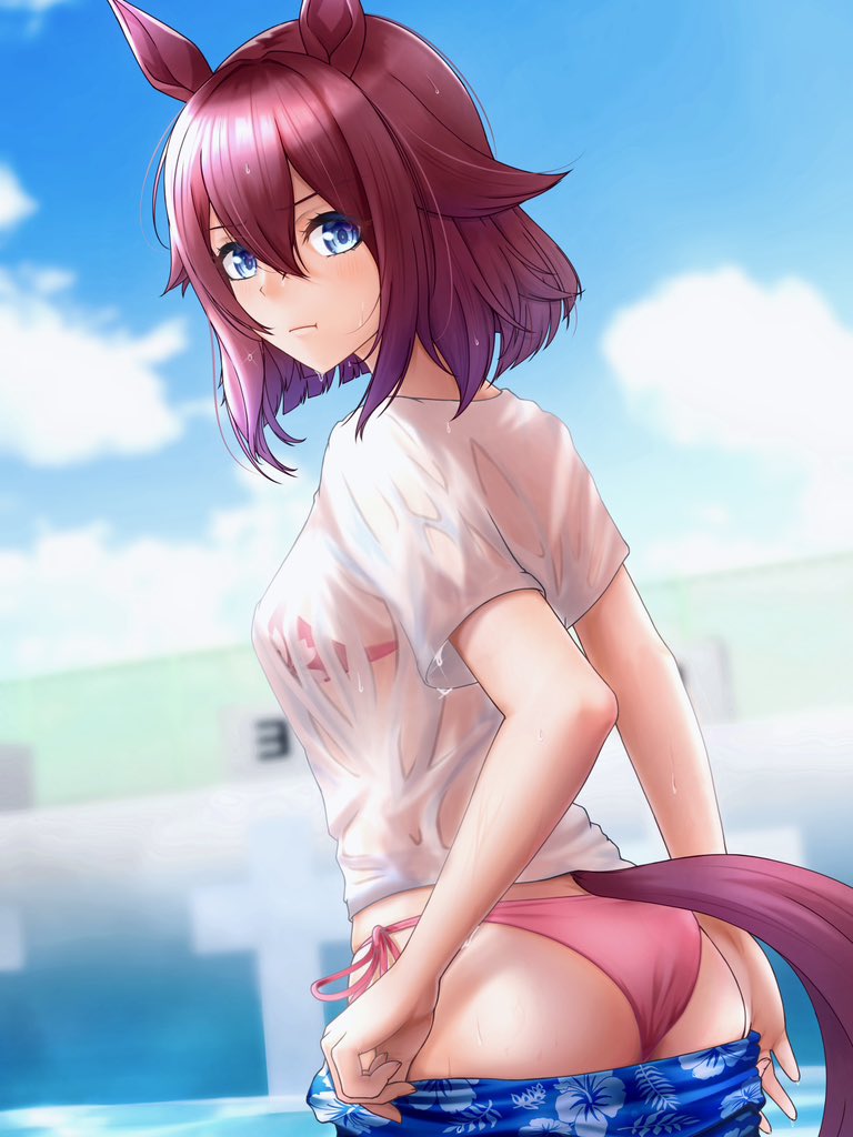 1girl alternate_costume ass bikini blue_eyes blurry blurry_background blush commentary_request hair_between_eyes hair_flaps hair_ornament horse_girl looking_at_viewer ocean oryou_gunsou pink_hair pout sakura_chiyono_o_(umamusume) shirt sky solo swimsuit umamusume wet