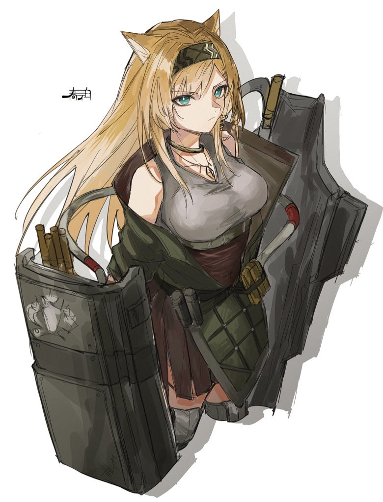 1girl animal_ears arknights bare_shoulders black_jacket blonde_hair blue_eyes breasts brown_skirt closed_mouth cropped_legs drop_shadow grey_hairband grey_shirt hairband harukan_tiusu horn_(arknights) jacket long_hair medium_breasts open_clothes open_jacket pleated_skirt shirt simple_background skirt solo very_long_hair white_background