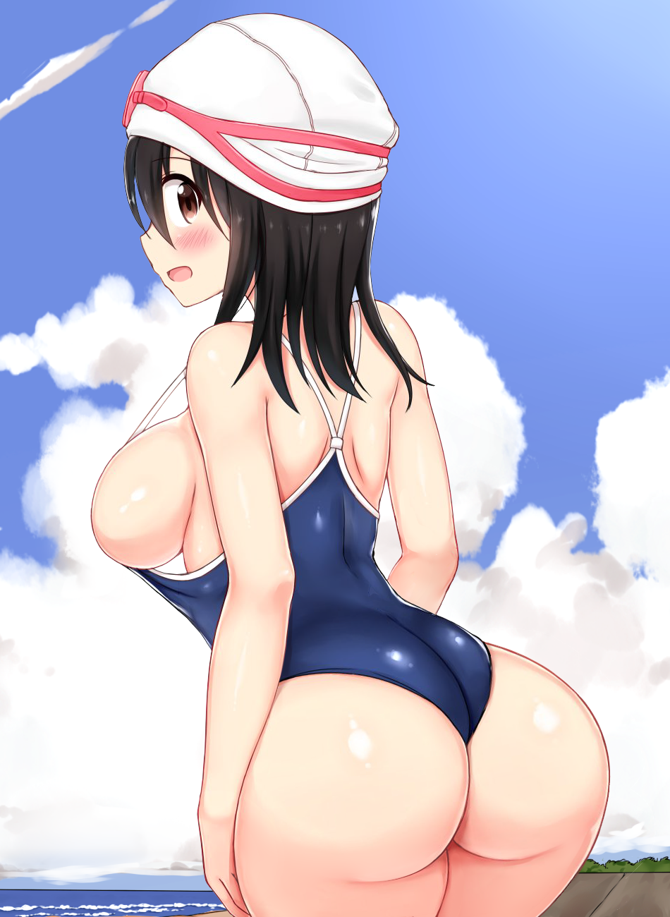 1girl ass back bare_arms black_hair black_one-piece_swimsuit blue_sky blush breasts brown_eyes cloud commentary_request competition_school_swimsuit goggles hades1580 hair_between_eyes highres large_breasts long_hair looking_at_viewer ocean one-piece_swimsuit open_mouth original outdoors school_swimsuit sideboob sky standing swim_cap swim_goggles swimsuit wardrobe_error