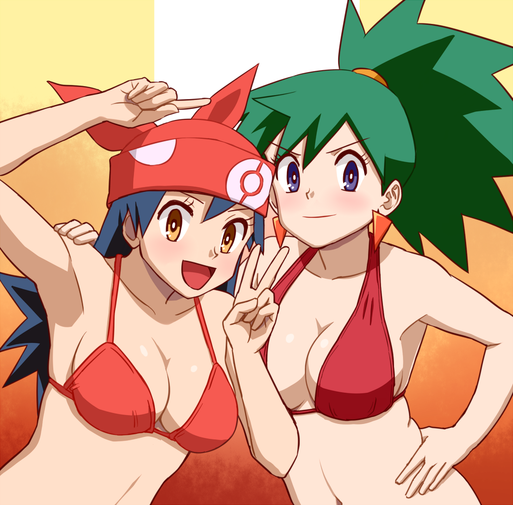 2girls armpits bandana bikini blue_eyes blue_hair breasts brown_eyes cleavage earrings game_freak green_hair jewelry lisa_(pokemon) liza_(pokemon_ep134) long_hair multiple_girls nakaba nintendo open_mouth pokemon pokemon_(anime) ponytail swimsuit v