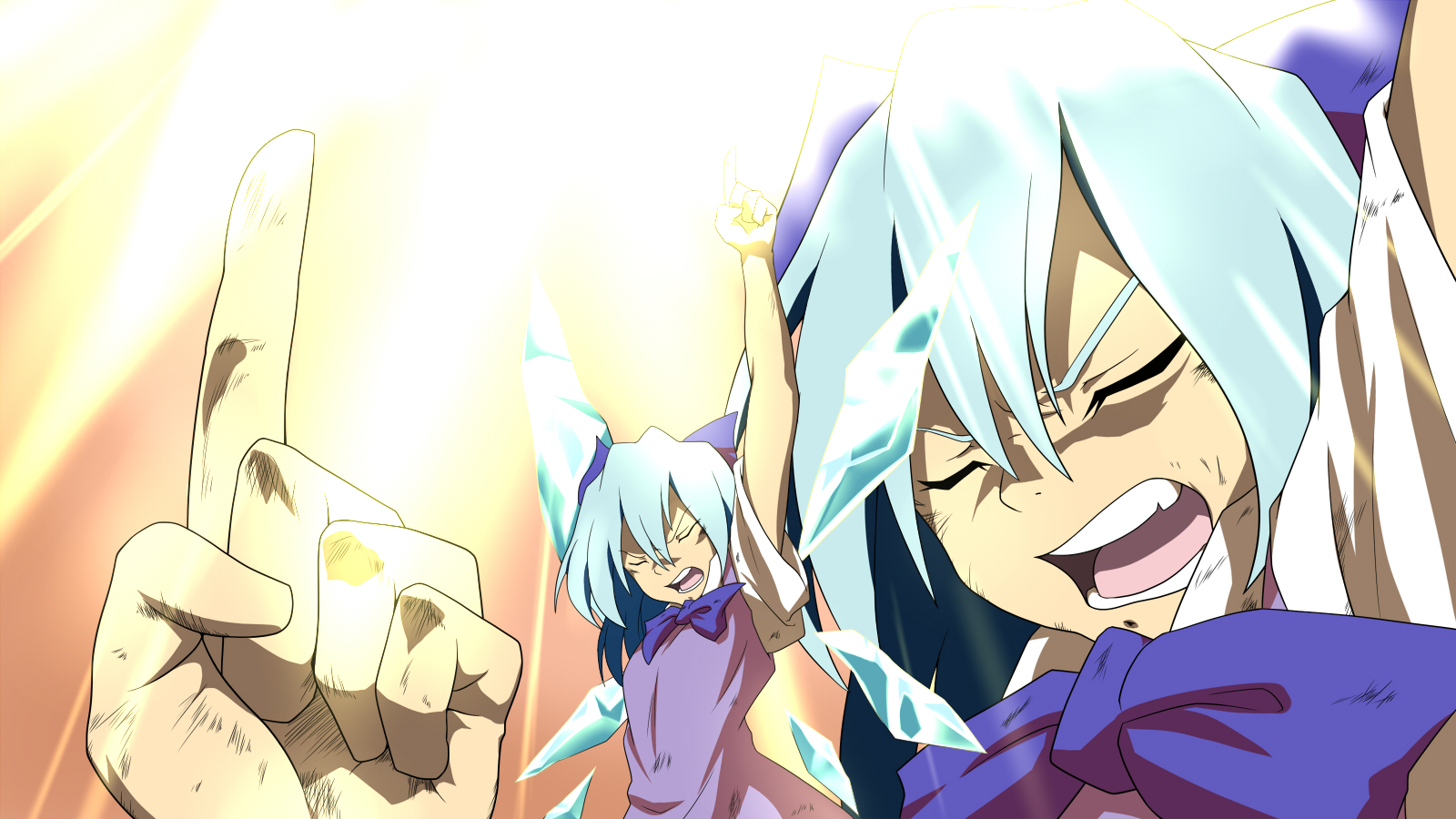 1girl akdt_127 akudato blue_hair cirno closed_eyes female_focus hair_between_eyes highres ice ice_wings index_finger_raised kamina_pose parody pointing pointing_up solo tengen_toppa_gurren_lagann touhou wings