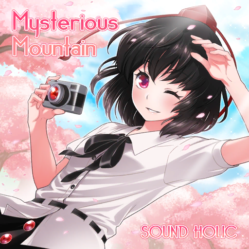 1girl agemono album_cover black_bow black_bowtie black_hair black_skirt blue_sky bow bowtie buttons camera cherry_blossoms cloud collared_shirt cover day dutch_angle english_text eyelashes fingernails game_cg hand_on_own_head hat hat_tassel holding holding_camera light_blush official_art outdoors parted_lips petals red_eyes red_hat ribbon-trimmed_shirt ribbon_trim shameimaru_aya shirt short_hair short_sleeves skirt sky smile solo sound_holic sunlight teeth tokin_hat touhou touhou_cannonball upper_body white_shirt