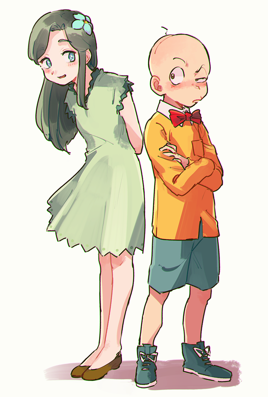 1boy 1girl arms_behind_back bald blue_eyes blue_flower blue_footwear blue_shorts blush bow bowtie brown_eyes brown_footwear chibita crossed_arms curtained_hair dress flower flower_fairy_(osomatsu-kun) funabara green_dress green_hair hair_flower hair_ornament highres leaning_forward long_hair long_sleeves looking_at_another open_mouth osomatsu-san osomatsu_(series) red_bow red_bowtie shirt shorts smile yellow_shirt