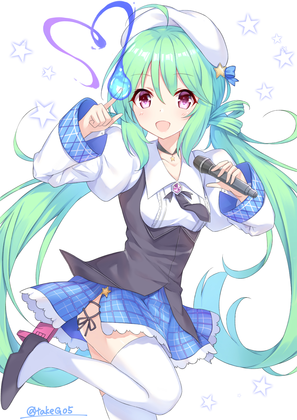 1girl ahoge azur_lane beret breasts comet_(azur_lane) comet_(retrofit)_(azur_lane) commentary_request female_focus green_hair hat highres leg_up long_hair looking_at_viewer low_twintails microphone open_mouth purple_eyes remodel_(azur_lane) simple_background small_breasts solo star_(symbol) t@ke-g thighhighs twintails twitter_username white_thighhighs