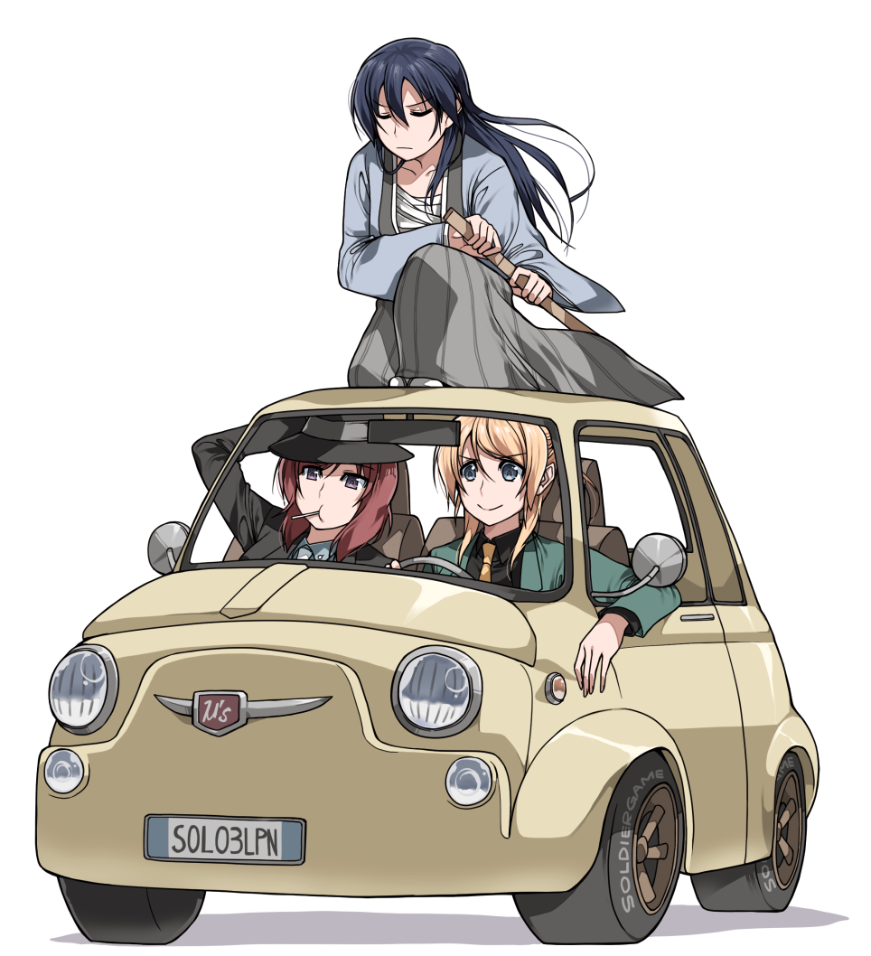 3girls arsene_lupin_iii arsene_lupin_iii_(cosplay) ayase_eli blonde_hair blue_eyes blue_hair car clipe closed_eyes cosplay fiat_500 green_jacket ishikawa_goemon_xiii ishikawa_goemon_xiii_(cosplay) jacket jigen_daisuke jigen_daisuke_(cosplay) left-hand_drive love_live! love_live!_school_idol_project lupin_iii motor_vehicle multiple_girls necktie nishikino_maki parody purple_eyes red_hair sonoda_umi vehicle_focus yellow_necktie