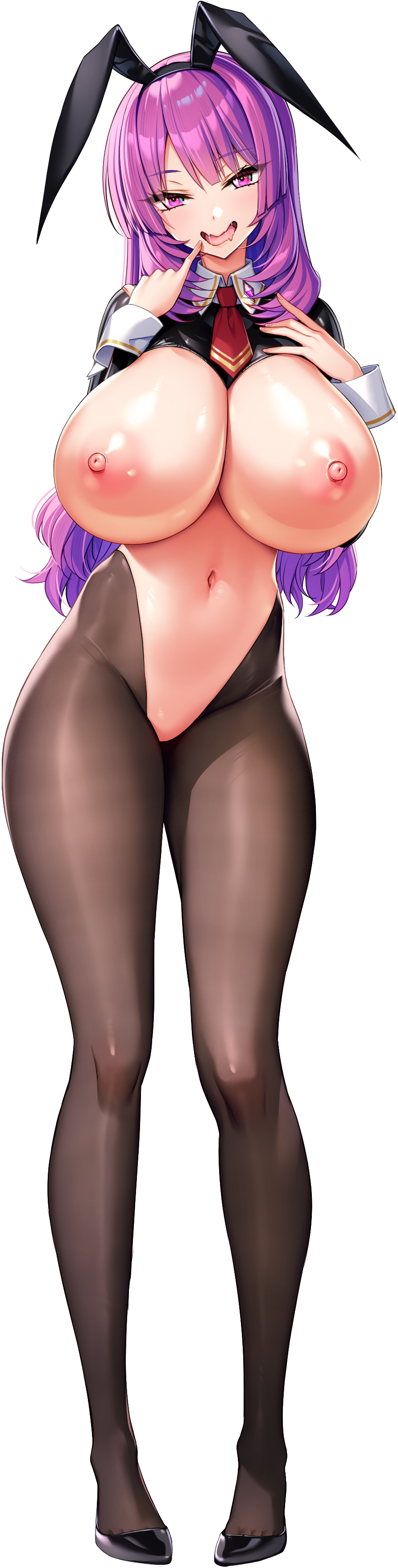 1girl absurdres animal_ear_hairband animal_ears black_hairband black_shrug breasts cleavage collared_shrug crotchless crotchless_pantyhose derauea drooling fake_animal_ears finger_to_mouth frontless_outfit game_cg hairband hand_on_own_chest highres huge_breasts latex latex_shrug light_blush long_hair looking_at_viewer meme_attire motto!_haramase!_honoo_no_oppai_isekai_oppai_bunny_gakuen! navel necktie nipples non-web_source official_art open_mouth pantyhose pasties pinky_to_mouth purple_eyes purple_hair rabbit_ear_hairband rabbit_ears raphiel_grimlight red_necktie revealing_clothes reverse_bunnysuit reverse_outfit saliva shrug_(clothing) smile solo star_(symbol) star_in_eye symbol_in_eye tachi-e transparent_background wavy_hair wrist_cuffs
